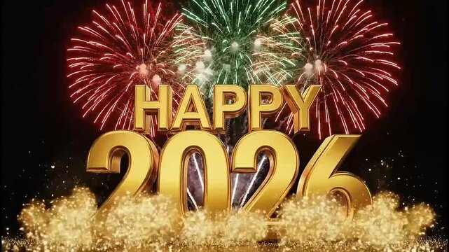 Happy New Year 2026 greeting. Firework explosion. Gold confetti. Shiny gold numbers. Colorful fireworks display. Night sky celebration. Sparkling gold dust. Black background. Vector