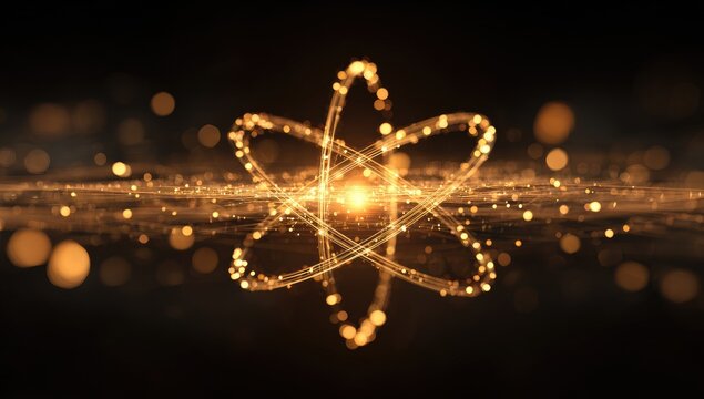 Glowing golden atom model, orbits and particles, on dark background with bokeh effects
