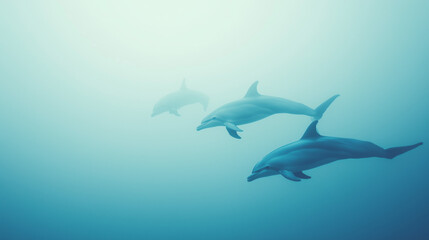 Fototapeta premium Three dolphins swimming gracefully in a serene underwater environment. The water is clear with a soft blue hue, creating a tranquil atmosphere.