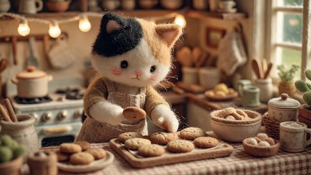 Adorable Cat Figurine Baking Cookies in a Cozy Kitchen Setting Filled with Delightful Treats