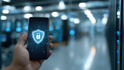 A hand holding a smartphone displaying a security shield over a blurred data center background