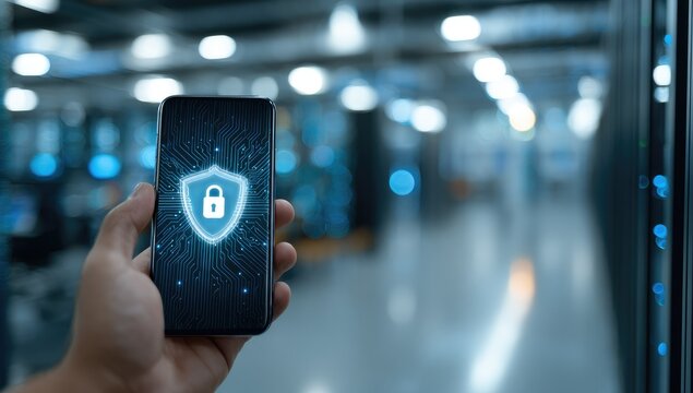 A hand holding a smartphone displaying a security shield over a blurred data center background
