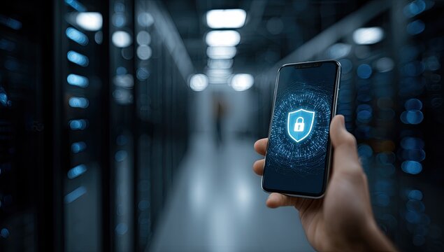 Hand holding a phone displaying a digital security shield, in a server room corridor
