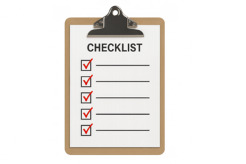 Clipboard with a checklist, all items marked with red check marks. Isolated on transparent background, png
