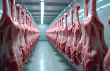 Rows of raw lamb carcasses hang in long cold storage room. Industrial meat facility stores fresh mouton cuts for delivery to markets, restaurants. Halal meat prepared for consumers. Meat industry
