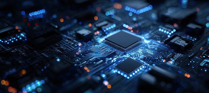 A detailed image of a computer motherboard, highlighting the processor and other electronic components