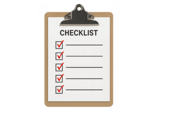 Clipboard with a checklist, all items marked with red check marks. Isolated on transparent background, png