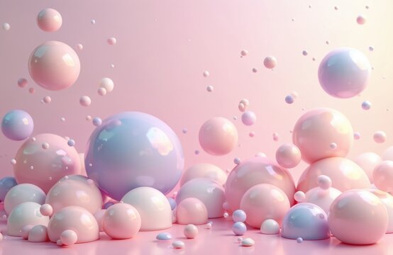 Numerous holographic pastel spheres, iridescent bubbles of varying sizes float on soft pink background. Shiny liquid blobs, smooth geometric shapes create modern abstract art design. Glossy elements