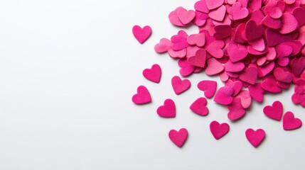 Colorful paper hearts scattered on a clean white background, perfect for Valentine's Day, love celebrations, or romantic themes in photography or design projects