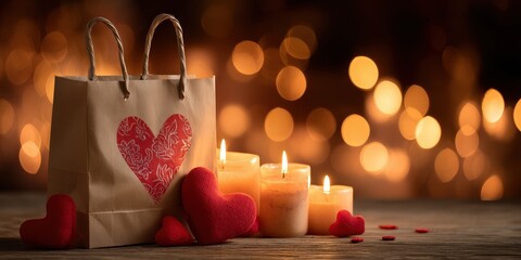 Love gift bag with romantic glowing candles