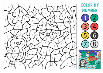 Vector Christmas color by number activity with elf with penguin and snowy scene. Winter black and white counting game. New Year coloring page for kids. Line printable worksheet