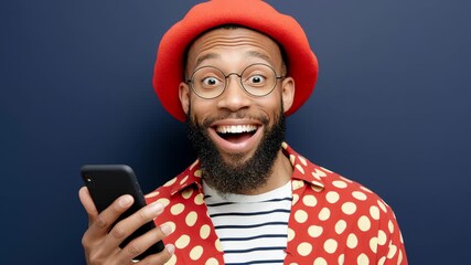 Enthusiastic man with glasses and a vibrant hat, joyfully interacting with smartphone, showcasing excitement and engagement, camera zooms in for a closer view of expression