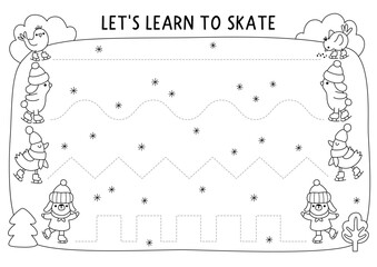 Vector Christmas black and white handwriting practice worksheet with skating animals, ice rink. New Year printable line activity, coloring page. Winter holiday tracing game for writing skills