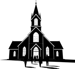 church with people walking towards silhouette vector illustration