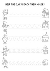 Vector Christmas black and white handwriting practice worksheet with elves and houses. New Year preschool printable line activity, coloring page. Winter holiday tracing game