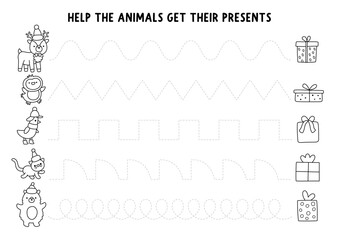 Vector Christmas black and white handwriting practice worksheet with animals, birds and presents. New Year printable line activity, coloring page for preschool children. Winter holiday tracing game