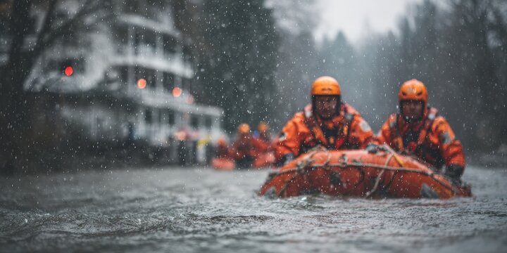 Rescuers in boat navigating flood waters during storm