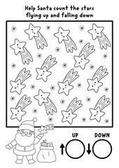 Christmas logic game with up and down concept for kids. I spy searching, counting activity with falling stars. New Year or winter holiday printable space orientation worksheet for children