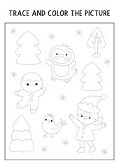 Christmas village black and white drawing, tracing and coloring page for kids with fir tree, elf, penguin. New Year or winter holiday preschool printable activity, game, handwriting practice puzzle