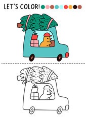 Christmas village coloring page with cute bird on car with presents, fir tree. Vector New Year outline illustration. Color book for kids with colored example. Winter holiday printable worksheet