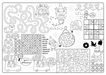 Vector black and white Christmas village placemat. New Year line printable activity mat with maze, wordsearch puzzle, shadow match, find difference. Winter holiday play mat, coloring page