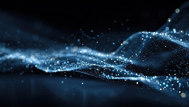 Abstract, flowing mesh of blue and gold particles, blurred bokeh against a dark backdrop - Powered by Adobe