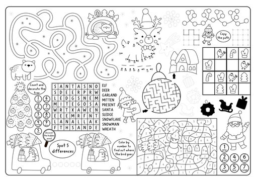Vector black and white Christmas village placemat. New Year line printable activity mat with maze, wordsearch puzzle, shadow match, find difference. Winter holiday play mat, coloring page