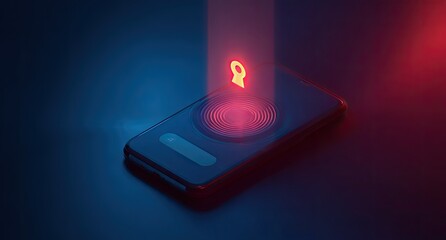 Isometric render of smartphone with a glowing keyhole, fingerprint sensor, and data stream