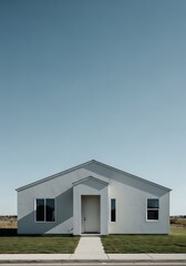 Minimalist single-story home on verdant lawn under vast cerulean sky
