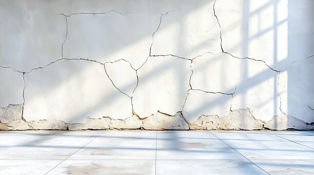 A stark interior scene featuring a heavily cracked and peeling white plaster wall, illuminated by dramatic sunlight casting geometric shadows from a window onto