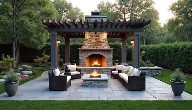 Luxury backyard patio with pergola stone fireplace and seating area. Outdoor living space features fire pit comfy sofas, chairs. Relaxing garden retreat for entertainment. - Powered by Adobe