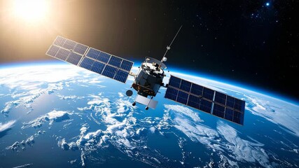 Orbiting artificial satellite with solar panels above the Earth, space observation technology for communication and science - Powered by Adobe