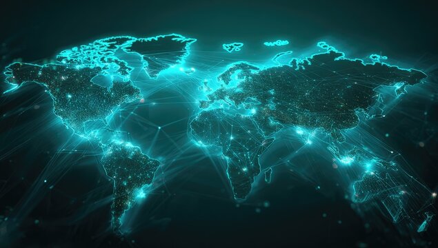 Illuminated digital world map showcasing interconnected cities and networks in vibrant teal - Powered by Adobe
