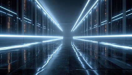 Futuristic hallway perspective with mirrored floors, emitting neon blue lighting