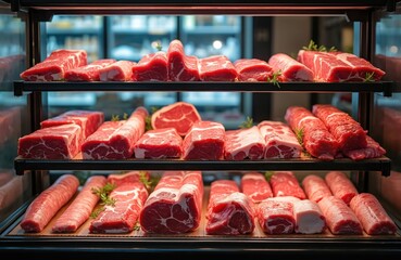 Fresh raw meat cuts neatly arranged in market display case. Various types of beef, pork, lamb, steaks, roasts ready for sale. Butcher counter provides quality selection for consumers to buy healthy