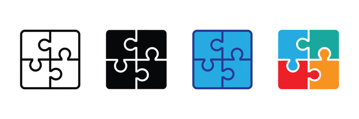 Four puzzle piece icons in different styles: outline, solid black, solid blue, and four colors, representing solutions and teamwork.