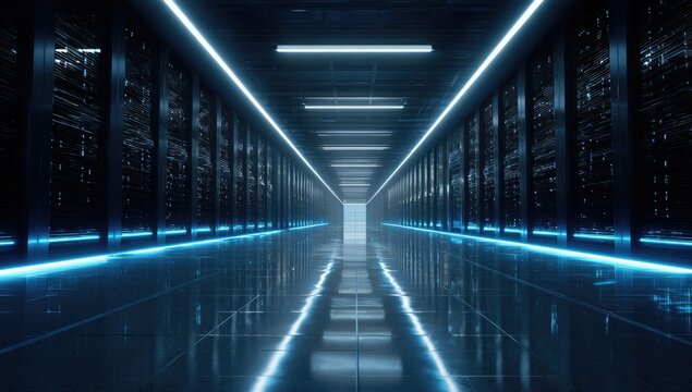 A long, mirrored hallway with servers on either side, lit by cool-toned neon lighting