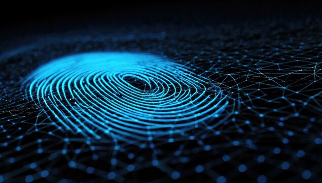 Digitized glowing fingerprint with a network backdrop, representing security or identity