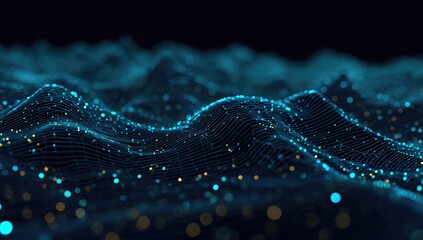 A digital wave of light particles, blurred, abstract, blue & gold against a dark background