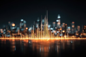 Illuminated cityscape at night with vertical golden lines representing data