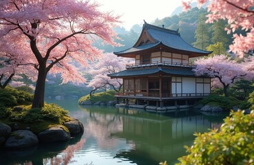 Fototapeta premium Two story traditional Japanese house stands over water. Cherry blossom blooms around the building. Asian architecture surrounded by nature, a scenic garden view during springtime with lake and trees.