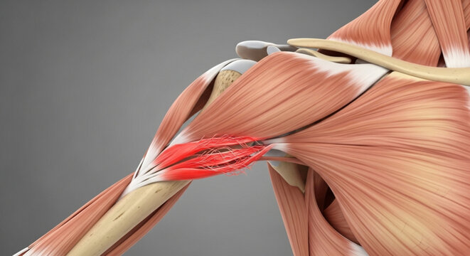 Anatomical illustration of the shoulder muscles and bones with highlighted supraspinatus tendon area