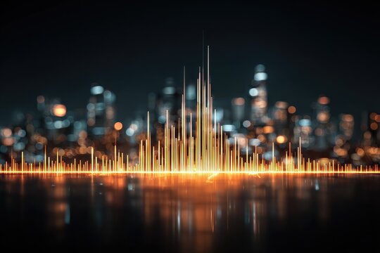 Illuminated cityscape at night with vertical golden lines representing data