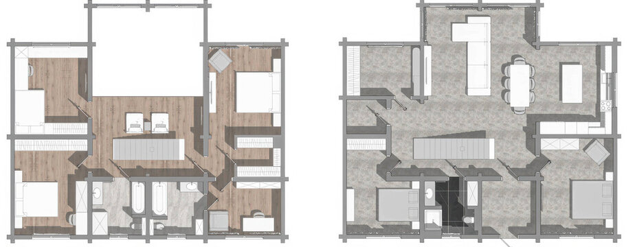 Detailed floor plan showcasing two-story modern apartment layouts with living spaces, bedrooms, and bathrooms in a contemporary design. Ideal for real estate and interior design projects.