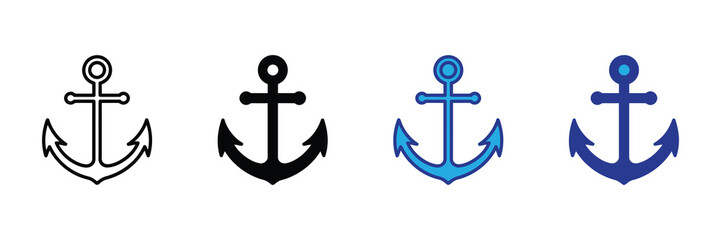 Collection of diverse anchor icons showcasing different styles: outline, solid black, and two shades of blue, on a white background