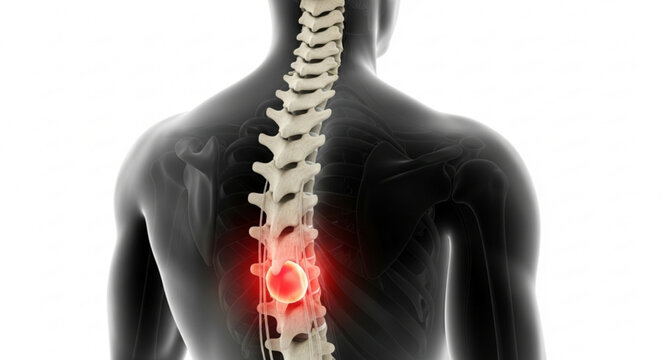Posterior view of human spine with tumor highlighted in red on a white background illustration