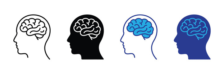 Stylized human head profiles with visible brains in outline, black silhouette, and blue line art for medical and cognitive concepts