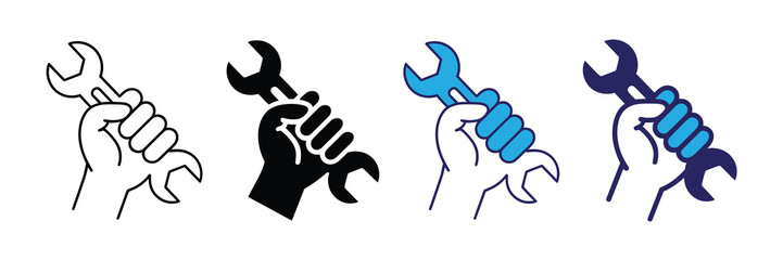 Hand holding wrench icon set: line art, solid black, outline with blue fill, and blue and dark blue outline styles on white.