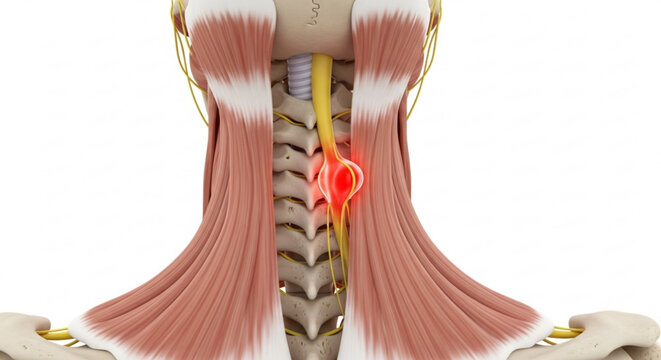 Illustration showing the anatomy of the neck with spinal cord injury and surrounding muscle tissues