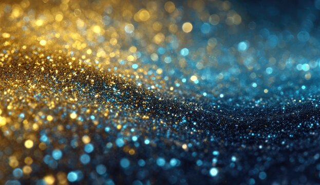 Shimmering gold and teal bokeh light streaks. Abstract background of sparkly golden and blue particles